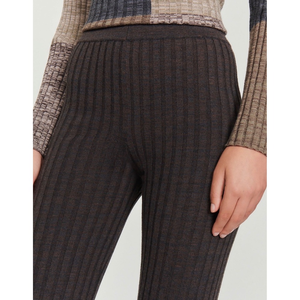 H1 Sandro Paris Brown Ribbed Knit Flare Pants‎ High Waisted Trousers 38 Stretchy - Picture 4 of 7